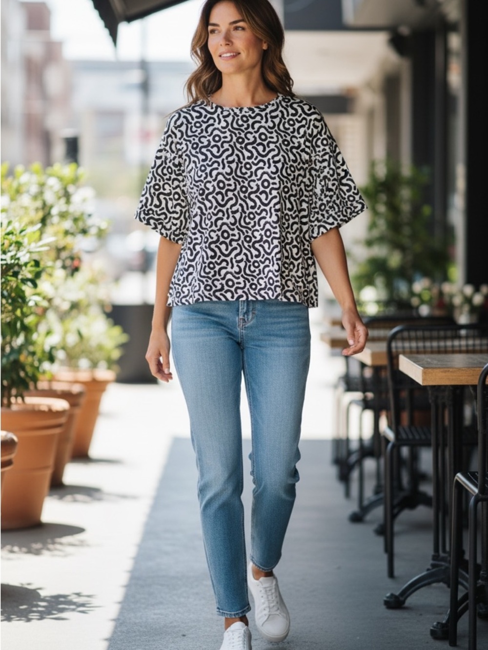 Wildfang Essential Boxy Top Black White Abstract Print SZ L NWT